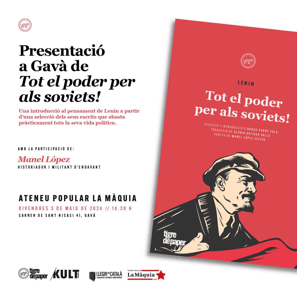 Agafeu agenda!🗓️ Aquesta setmana, dues presentacions de 'Tot el poder per als soviets!', de Lenin. 📍3/05 Igualada: Amb @arnautigre a @El_Foment 📍3/05 Gavà: amb Manel López a @lamaquiacgv Cent anys després de la seva mort, l’obra de Lenin ens pot interpel·lar d’alguna forma?