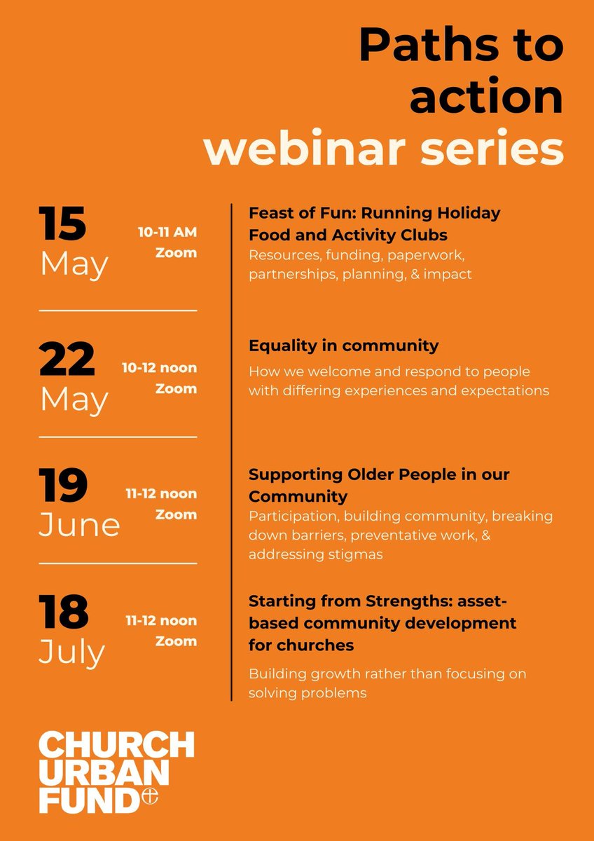 If you look after a #church, here are some free webinars to inspire and equip you when it comes to activity clubs, equality and developing communities. They're being run by the @churchurbanfund Sign up at > cuf.org.uk/events