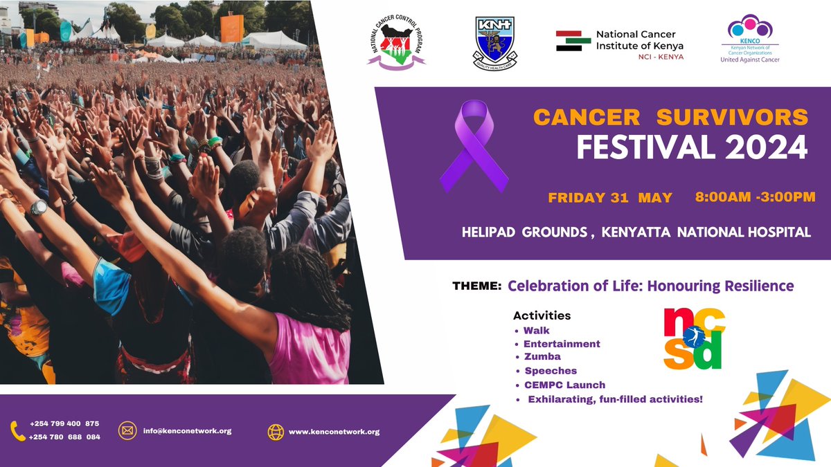 Support the Cancer Survivors Festival on May 31st! Choose from a range of sponsorship packages to fit your budget. Both monetary and in-kind support are welcome. Contact us at +254 799 400 875 to get involved.