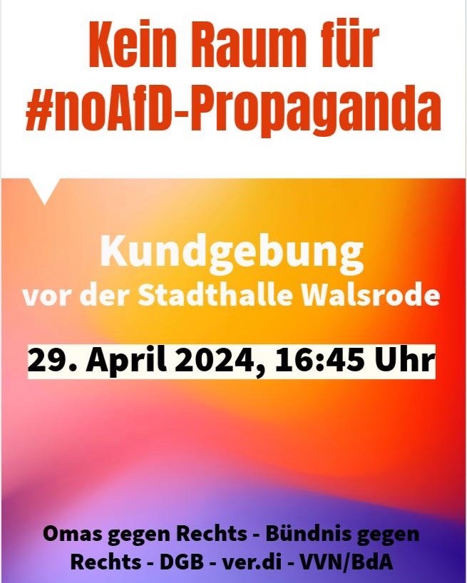 #Sei dabei in #Walsrode 29.04.24 16:45 Uhr

Kundgebung vor der Stadthalle Walsrode, kein Raum für #NoAfD Propaganda

#WirSindDieBrandmauer #NieWiederIstJetzt #LautGegenRechts #SeiEinMensch #NoAfD