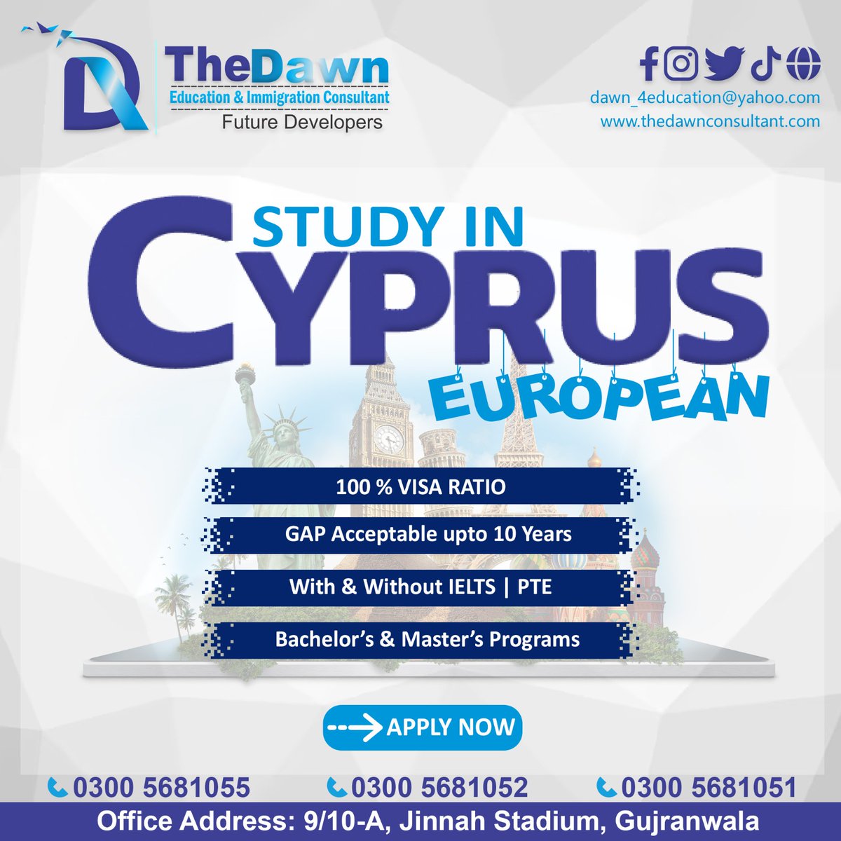 📷 Study in the European Cyprus...!

Contact Us at 03005681055, 03005681052, 03005681051

#dawnconsultants #studyineuropeancyprus #studyincyprus
#studyabroad #ieltspreparation #ptepreparation #LanguageAcademy #study #dawnconsultants