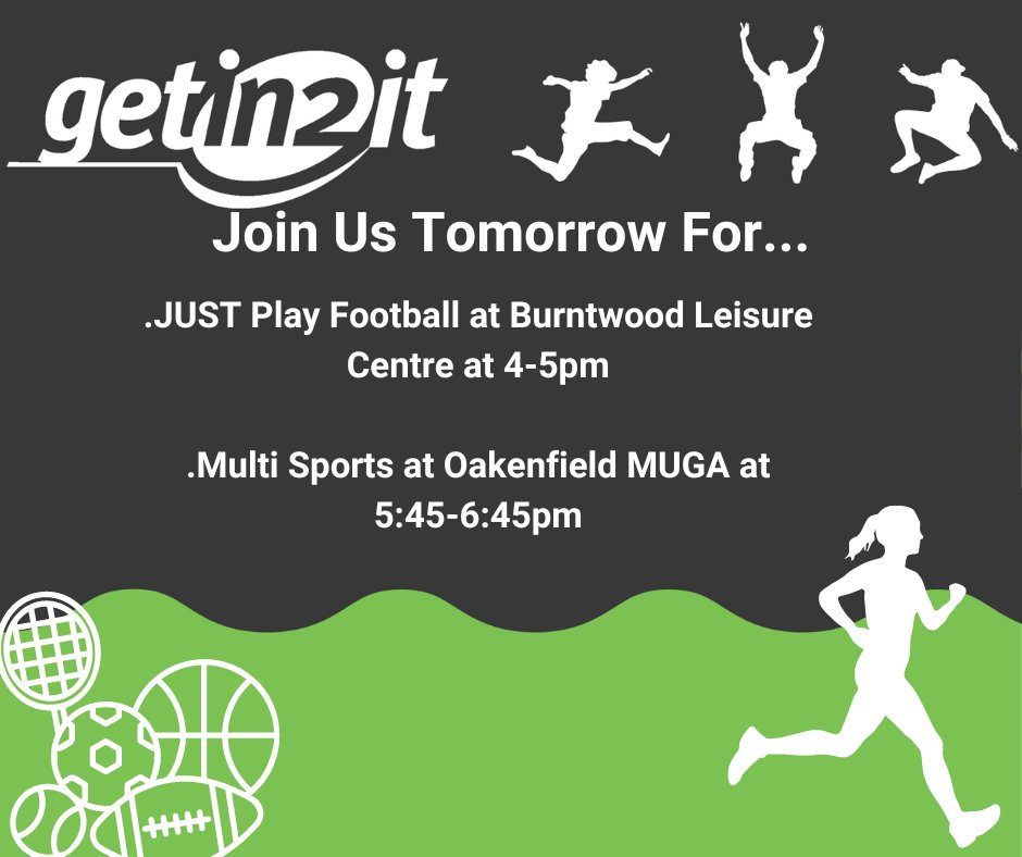 Getin2itLDC's tweet image. Join us tomorrow for...                  

... Our JUST Play Football at Burntwood Leisure Centre at 4-5pm or our Multisport Session at Oakenfield MUGA at 5:45-6:45pm  

For more information please visit: activelichfield.co.uk/getin2ithomepa…