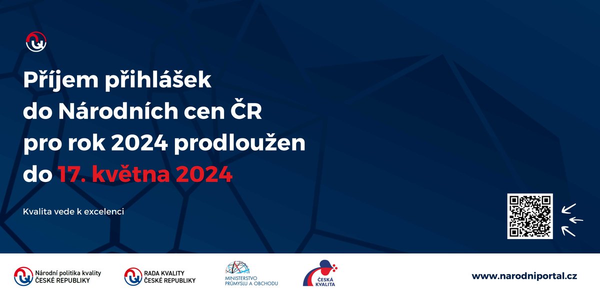 Poměřte své aktivity v oblasti kvality a společenské odpovědnosti a udržitelnosti s ostatními a přihlaste se do #NárodníCenyCR🏆na rok 2024. Termín pro podání přihlášek prodloužen do 17. května 2024! ℹ️ mpo.cz/cz/rozcestnik/… a narodniportal.cz/prijem-prihlas…