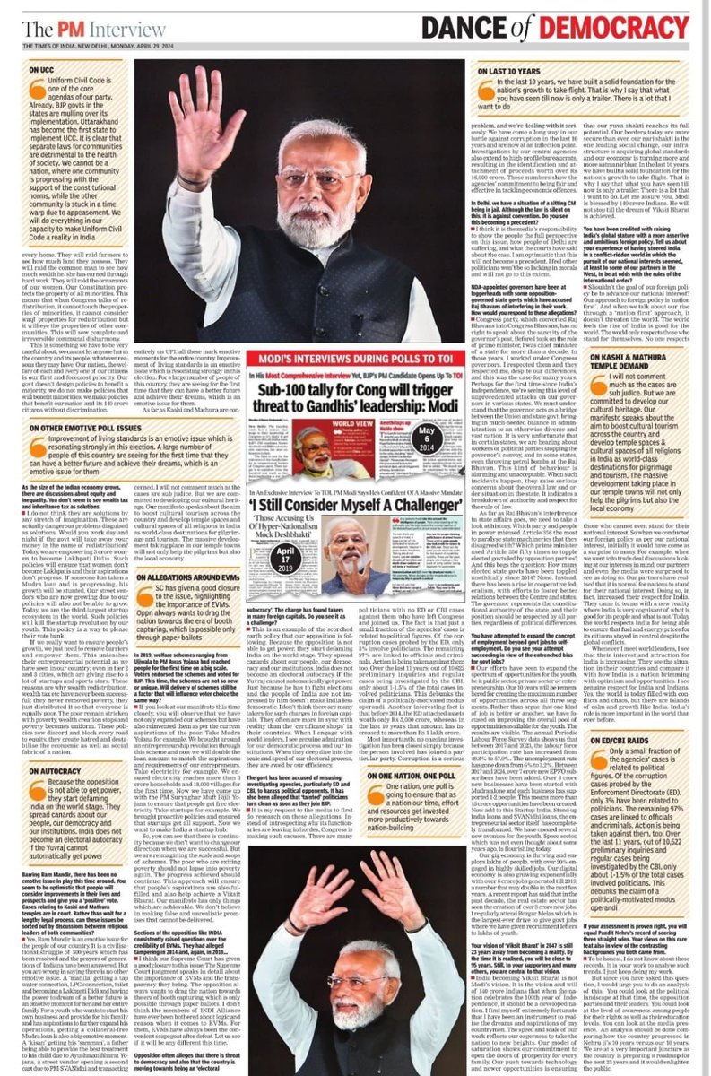 “For me, Guarantee is far more than a word. It is very sacred expression. It is linked to hard word and credibility. It is an outcome of my entire life in public service”. - PM Shri @narendramodi avaru in his extensive interview with @timesofindia, in which he speaks on a range