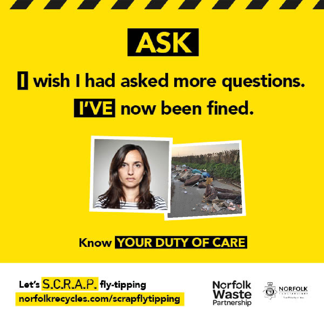 How can you prevent fly-tipping? Step four: ASK⚠️ A legal waste carrier should happily answer reasonable questions. Always follow the S.C.R.A.P. code - together, let's #SCRAPflytipping norfolkrecycles.com/scrapflytipping