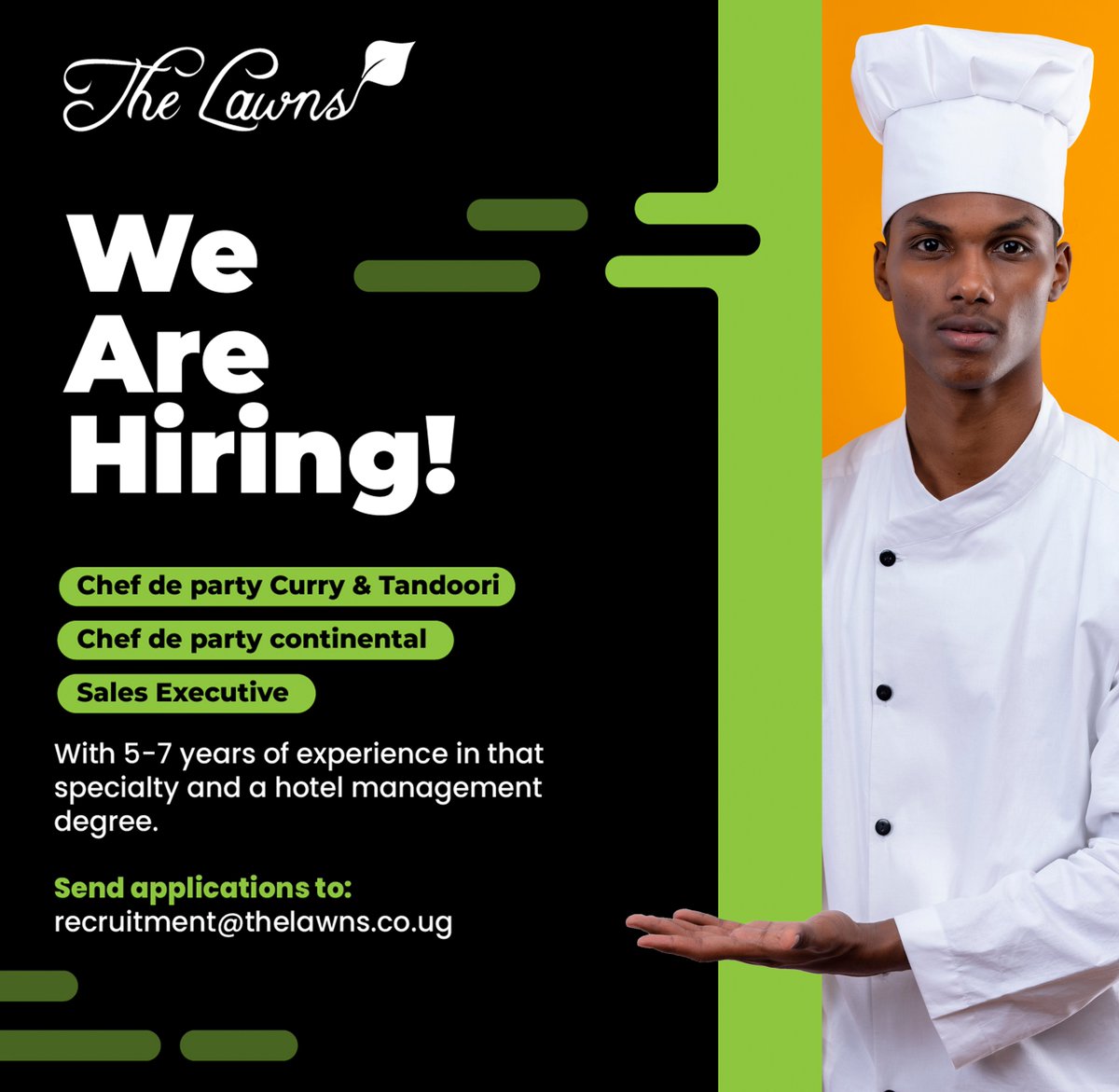 Lawns Restaurant in Kampala is expanding its team! 🌟 We're hiring a Chef de Partie for Continental cuisine, a Chef de Partie for Curry & Tandoori, and a Sales Executive. If you have 5-7 years of experience in your specialty, a hotel management degree. #ChefJobs #SalesJobs