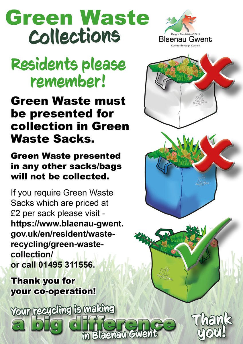 Green Waste Collections Residents please remember! Green Waste must be presented for collection in Green Waste Sacks.