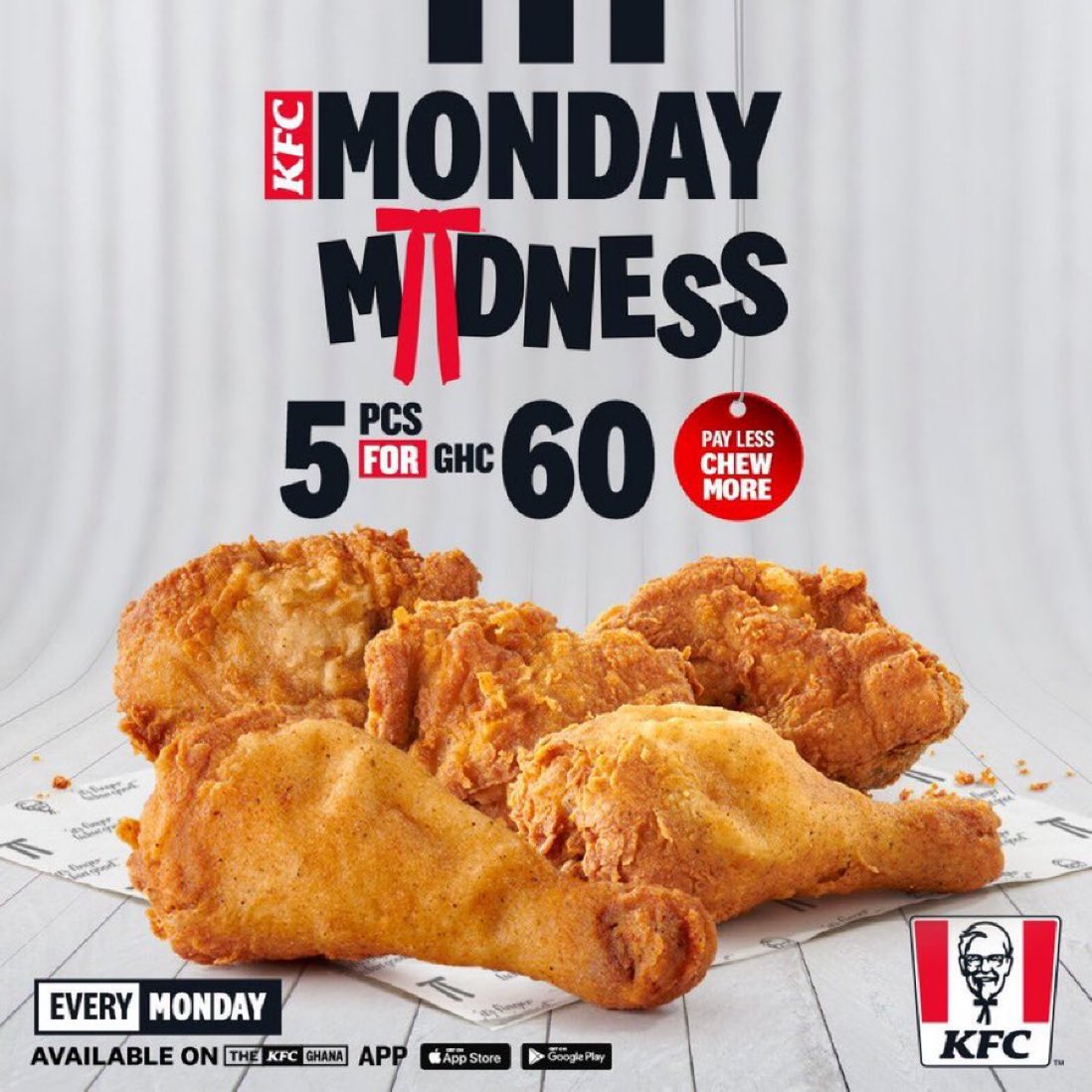 5 pieces of chicken for only ghc60, it's only available on Monday from 10am. Pay less chew more #KFCMondayMadness