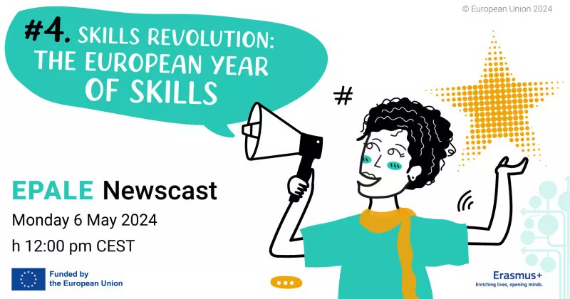 📢 Get ready for another episode of the EPALE Newscast!

✅ We will celebrate the end of the #EuropeanYearOfSkills with a very special guest: @KrivmaneK, Team Leader for the European Year of Skills at @EU_Social

📺 Watch it on 6 May ▶️ bit.ly/49ZLHTd

#AdultLearning