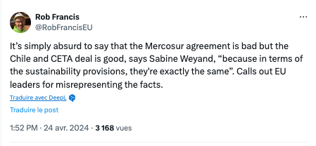 Emmanuel Macron, l'exécutif & les candidats @BesoindEurope ne cessent d'affirmer que le CETA est mieux que le Mercosur. Que dit la Commission européenne @Trade_EU ? C'est 'absurde' car en termes de 'dispositions sur le développement durable, ils sont exactement les mêmes'.