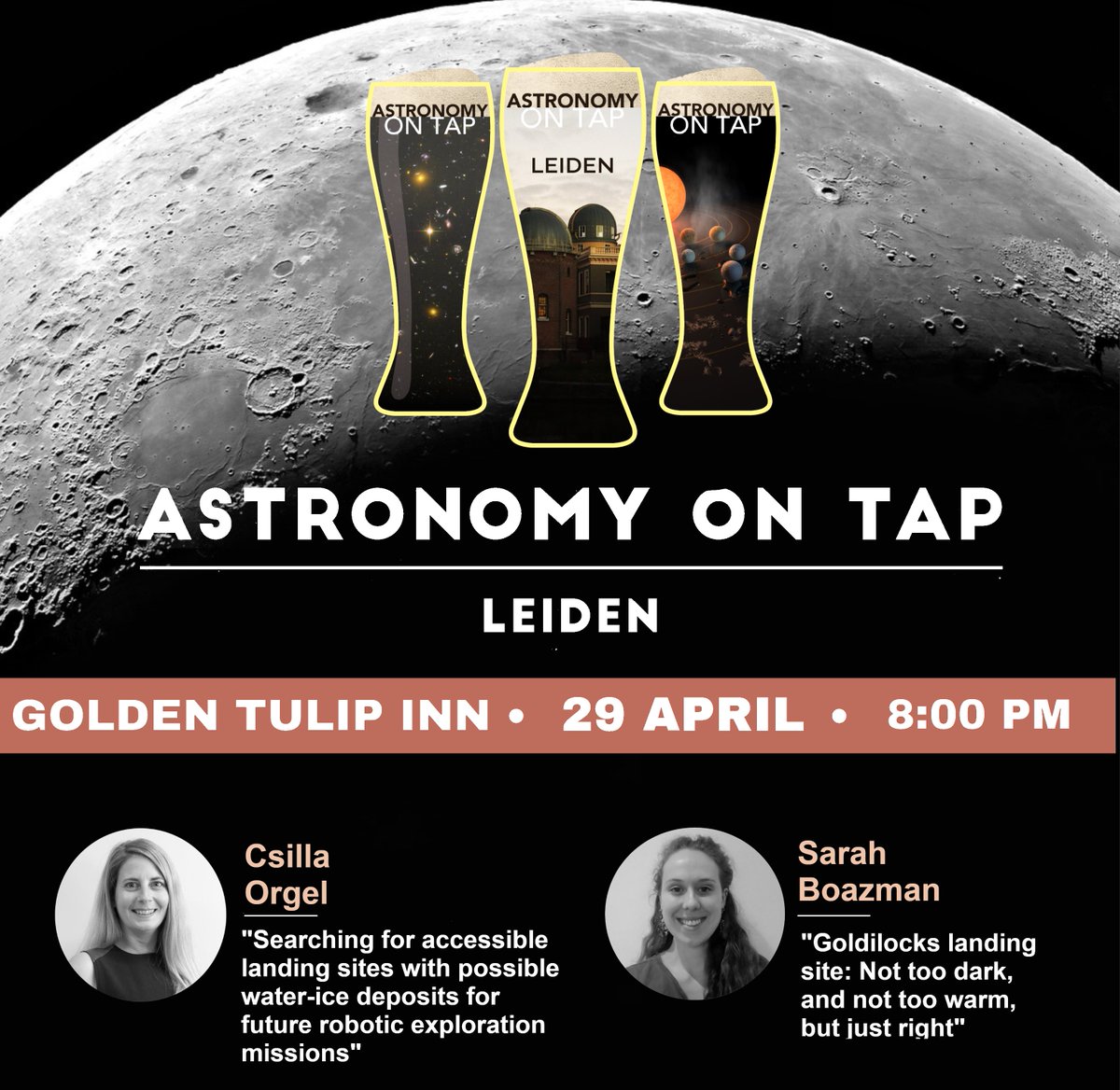 Join us tonight at 20:00 CET at the Golden Tulip Hotel in Leiden for a night of astronomy all about the Moon and the best locations for mission landing. 🌕🌑🌛

As always, we will have fun games and science prizes!
It's time to test your lunar know-how 🥳

#AoTLeiden