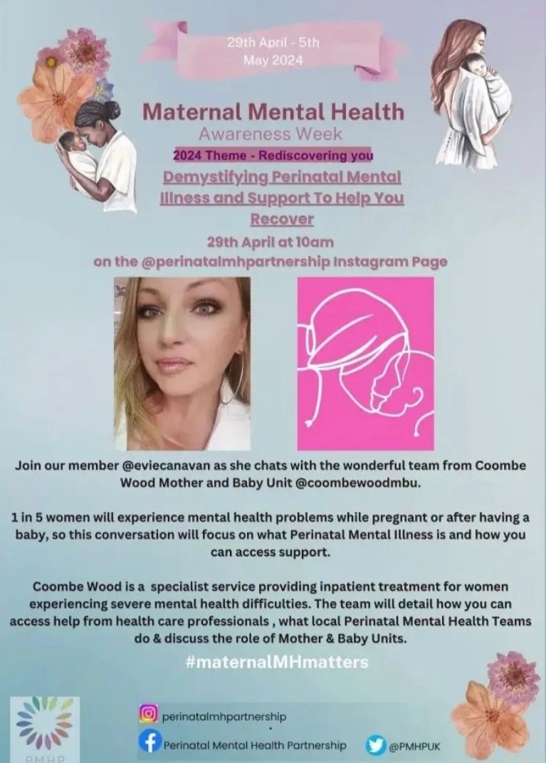 For #Maternalmentalhealthawarenessweek join our member @eviecanavan as she chats with the wonderful team @coombewoodmbu TODAY AT 10AM ON OUR INSTAGRAM AND FACEBOOK. #maternalmhmatters #Maternalmentalhealth #perinatalmentalhealth #mmhaw #mmhaw24 #Rediscoveringyou