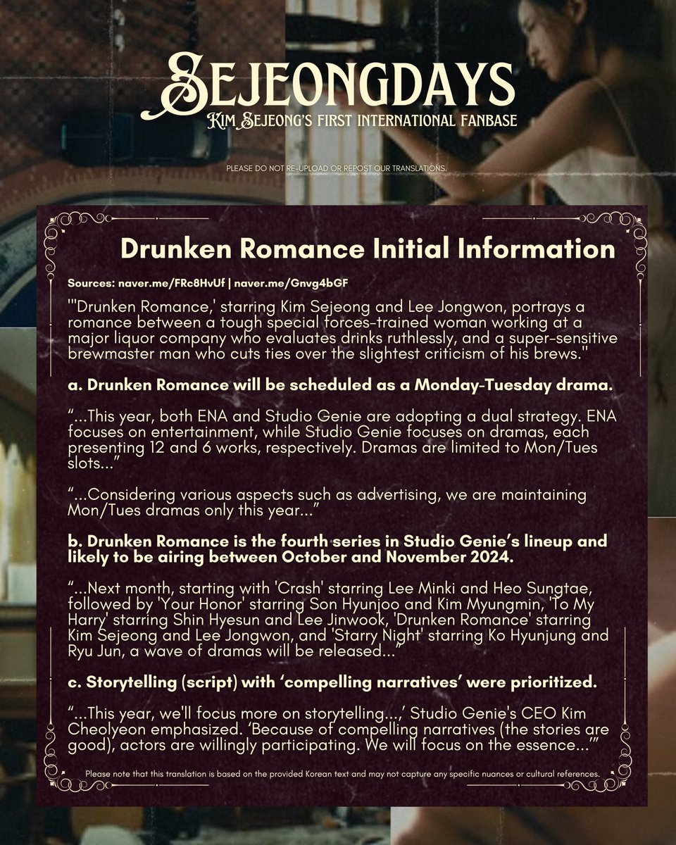 [TRANS] Drunken Romance Initial Information

Kim Sejeong will play a tough special forces-trained woman working at a major liquor company who evaluates drinks ruthlessly.

naver.me/FRc8HvUf
naver.me/Gnvg4bGF

#김세정 #KimSejeong
#취하는로맨스 #DrunkenRomance