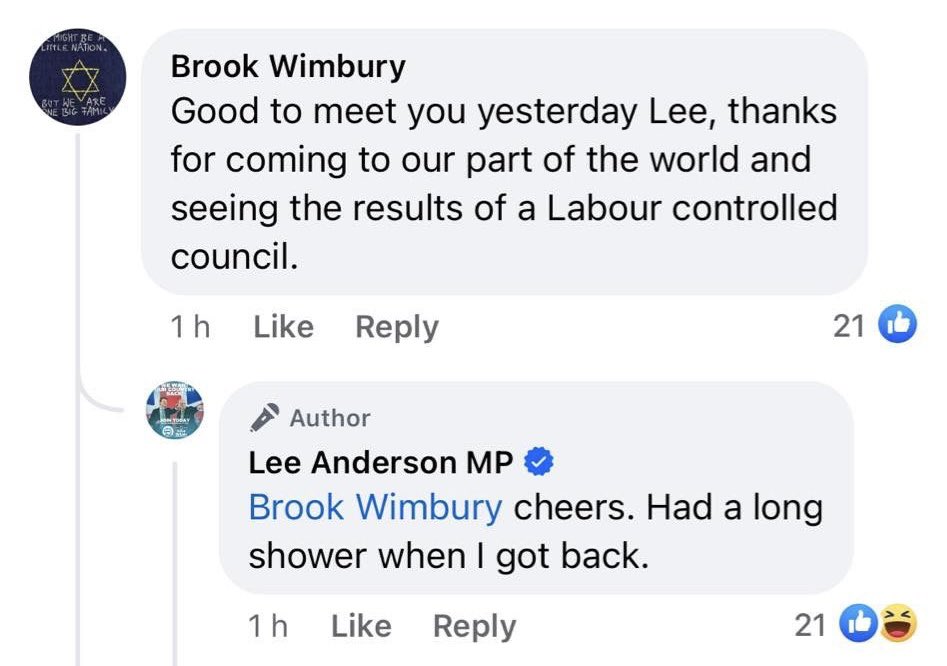 Not Lee Anderson saying he needed to take a shower after canvassing in my hometown? And he claims to be a man of the people? Blackpool South deserves better. Someone Blackpool Born and Bred who actually cares about people and place.