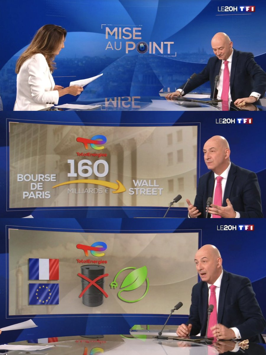 BIAIS ÉCONOMIQUE - Hier, @TF1 nous a expliqué que @TotalEnergies voulait quitter la bourse de Paris pour New York à cause d'une réalité 'embarrassante' : Français et Européens ne veulent plus des actions Total 'à cause des critiques écologistes'.