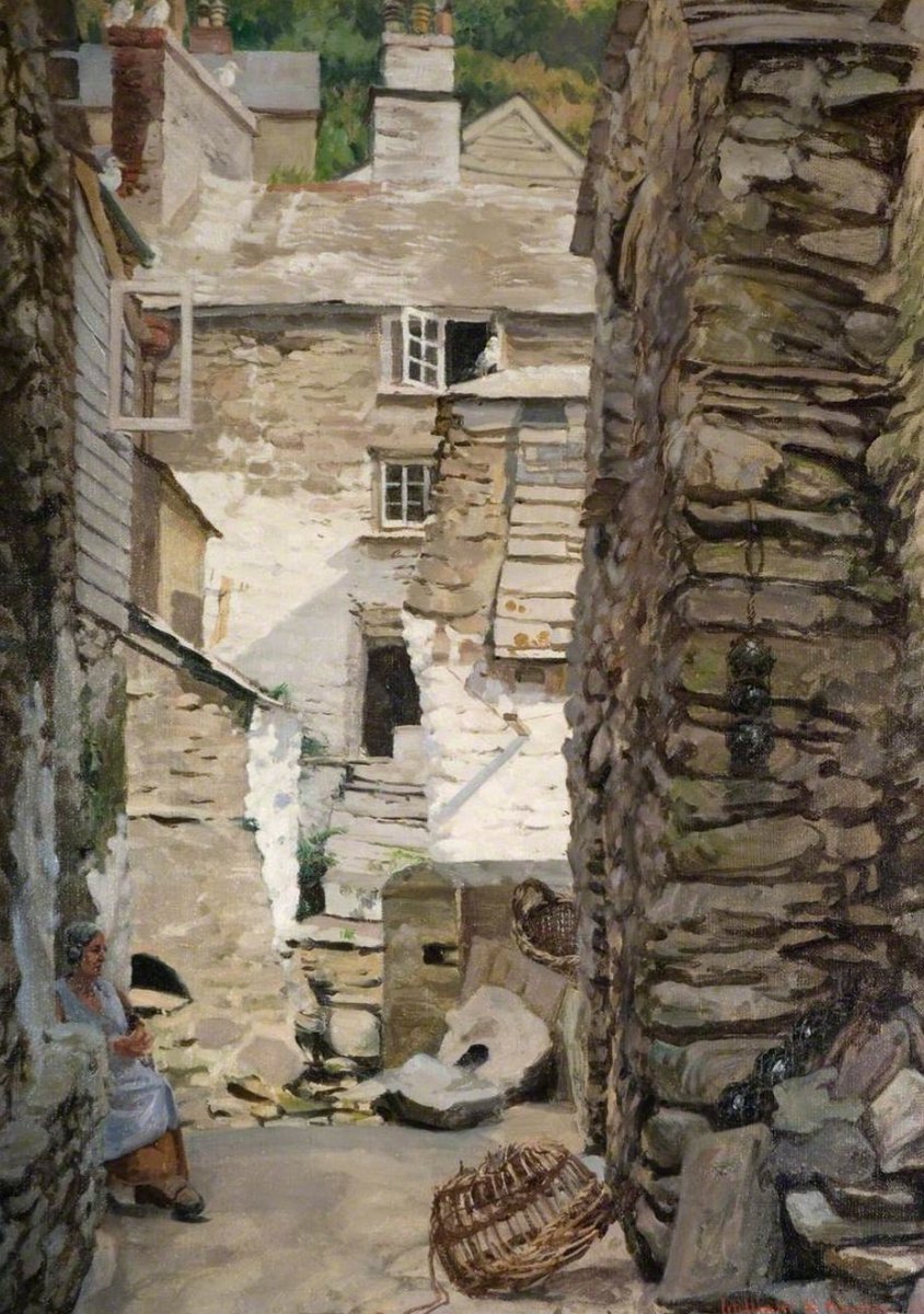 In William Dudley's painting of a cottage in Polperro, Cornwall (1909), the house is painted with near-obsessive precision. Brought up in a building household, Dudley knew all about the textures of brick, wood, and rendering, and he applied that knowledge assiduously.