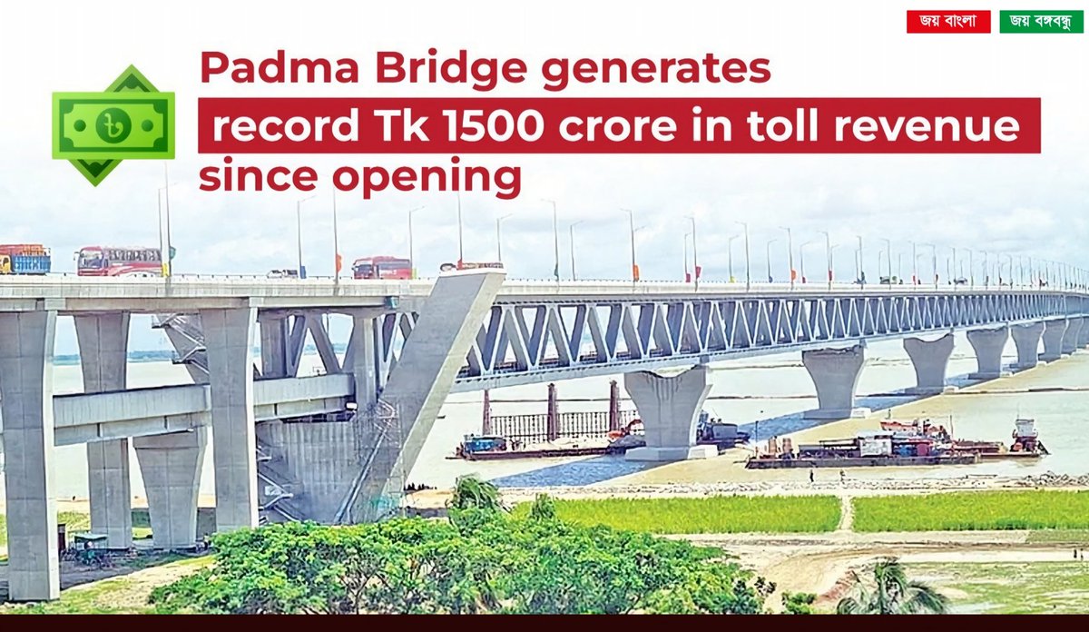 ☞  Since its inauguration, the #PadmaBridge has significantly boosted government revenue, collecting a staggering Tk 1500 crore in tolls from vehicles traversing this architectural marvel.

#Bangladesh #SheikhHasina 
#SmartBangladesh #HPMSheikhHasina 🇧🇩