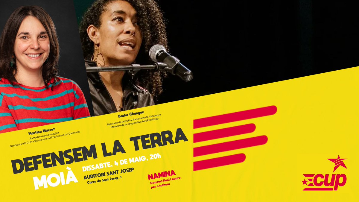 Acte polític aquest dissabte 4 de maig a les 20h, a l'Auditori Sant Josep de Moià.  

Ens ho volen arrabassar tot, però no es quedaran ni un pam de terra més, 🔥 defensarem la terra i defensarem la vida.  

Fins a la victòria!✊