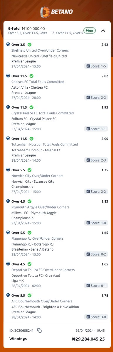 Another big win over the weekend 🤑 🤑 OPTIONS: Football ⚽ STAKE: ₦100,000 💵 WINNING: ₦29,284,045 💰🤑 Follow Betano & become the next person to win millions. #TheGameStartsNow Bet Here ⏩⏩⏩ bit.ly/BETANOHOME