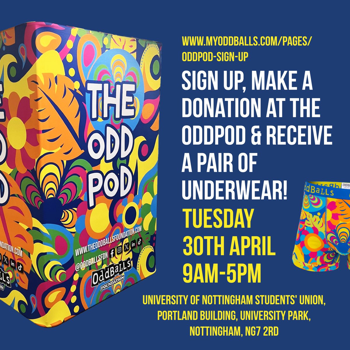 The OddPod is coming to the University of Nottingham! 👀 📍 University of Nottingham Students’ Union, NG7 2RD 🗓️ Tuesday 30th April ⌚️ 9am - 5pm Sign up to get your underwear here - myoddballs.com/pages/oddpod-s…. ✅ Donations can be made at the event. 🙌