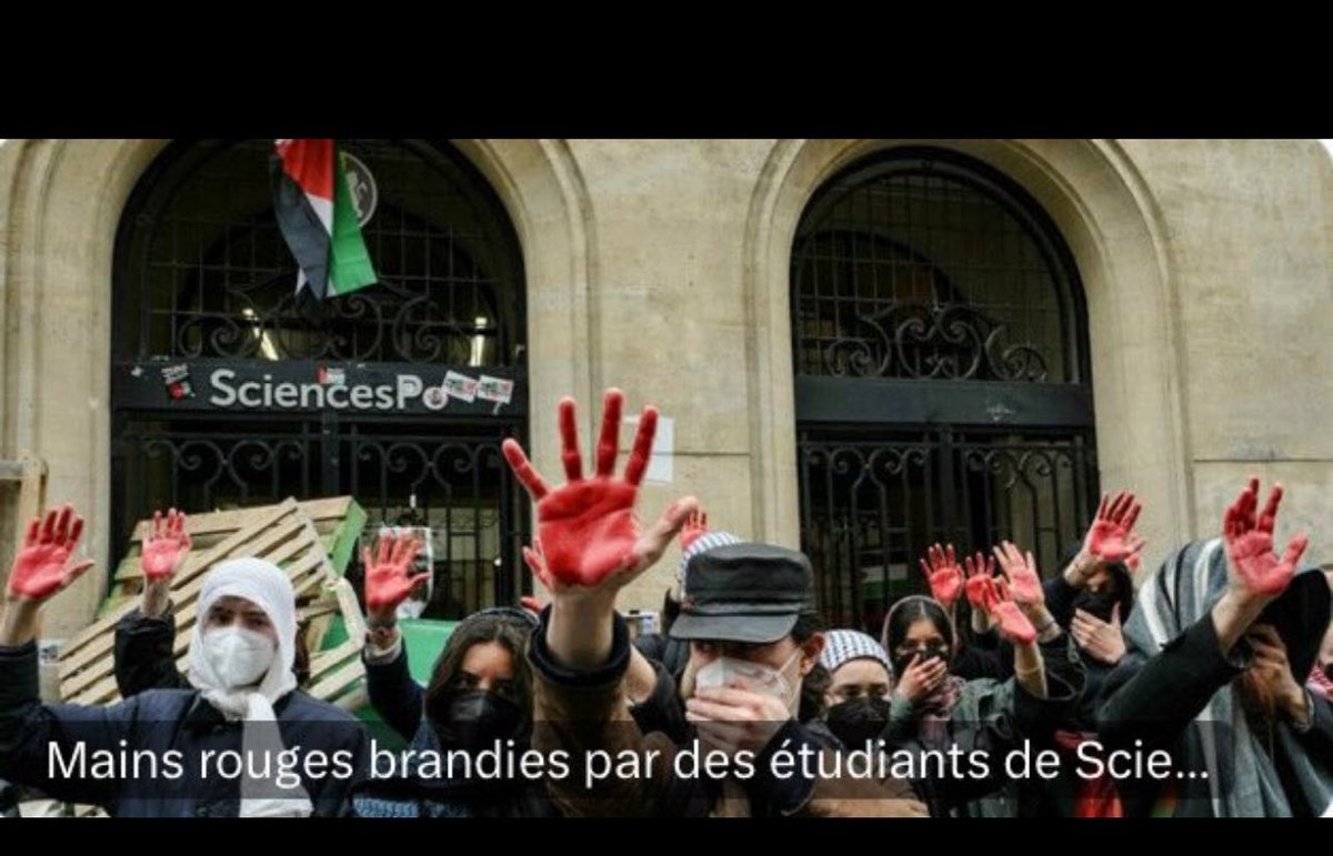 Cette infime minorité (200 étudiants sur 15000) excités par les insoumis qui sèment le bazar à #SciencePo , confond #antisémitisme islamiste et défense des populations civiles palestiniennes. Retournez en cours d’histoire pour apprendre ce que symbolisent les mains rouges! Honte!