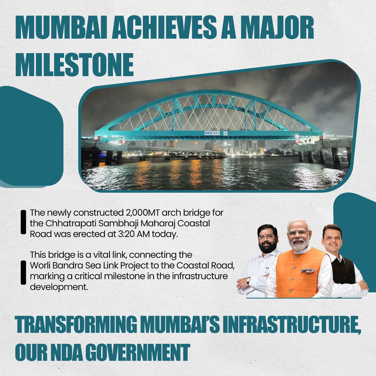 Mumbai's skyline is evolving, and the completion of the 2,000MT arch bridge for the Coastal Road is a shining example of this transformation. Gratitude to CM Eknath Shinde Govt for their unwavering commitment! #