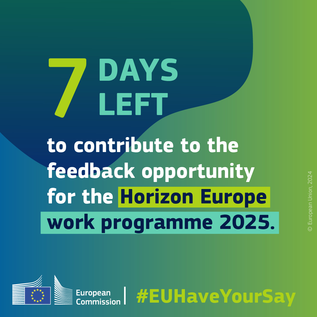 Only 7⃣ days left to participate to the feedback opportunity for the #HorizonEU Work Programme 2025!

📃Fill in the survey and co-design the next work programme!

You have until midday, 6 May! 👉 europa.eu/!pVpfr3
#EUHaveYourSay