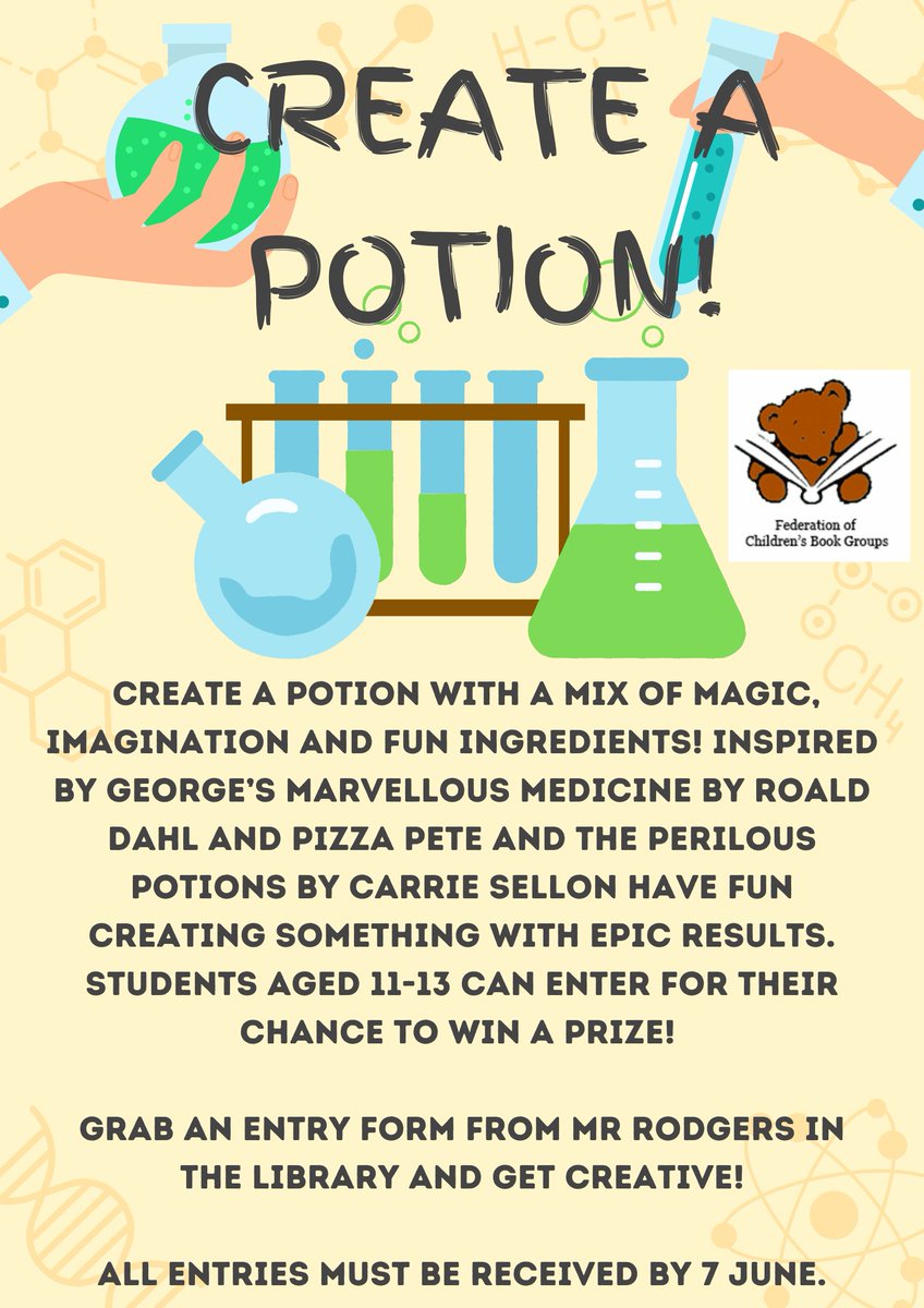 Design a potion and win a prize! Open to students aged 11-13. Grab an entry form from the Library and get creative! @FCBGNews #potionpower #potionmaking #getcreative #FCBG