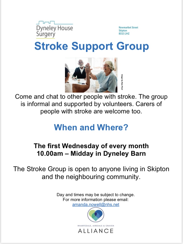 The next Skipton Stroke Support Group meeting will be held on Wednesday 1st of May in the Dyneley House Surgery Barn between 10am - Midday. The group is open to anyone living in Skipton and the surrounding areas affected by Stroke #strokeawareness #strokerecovery