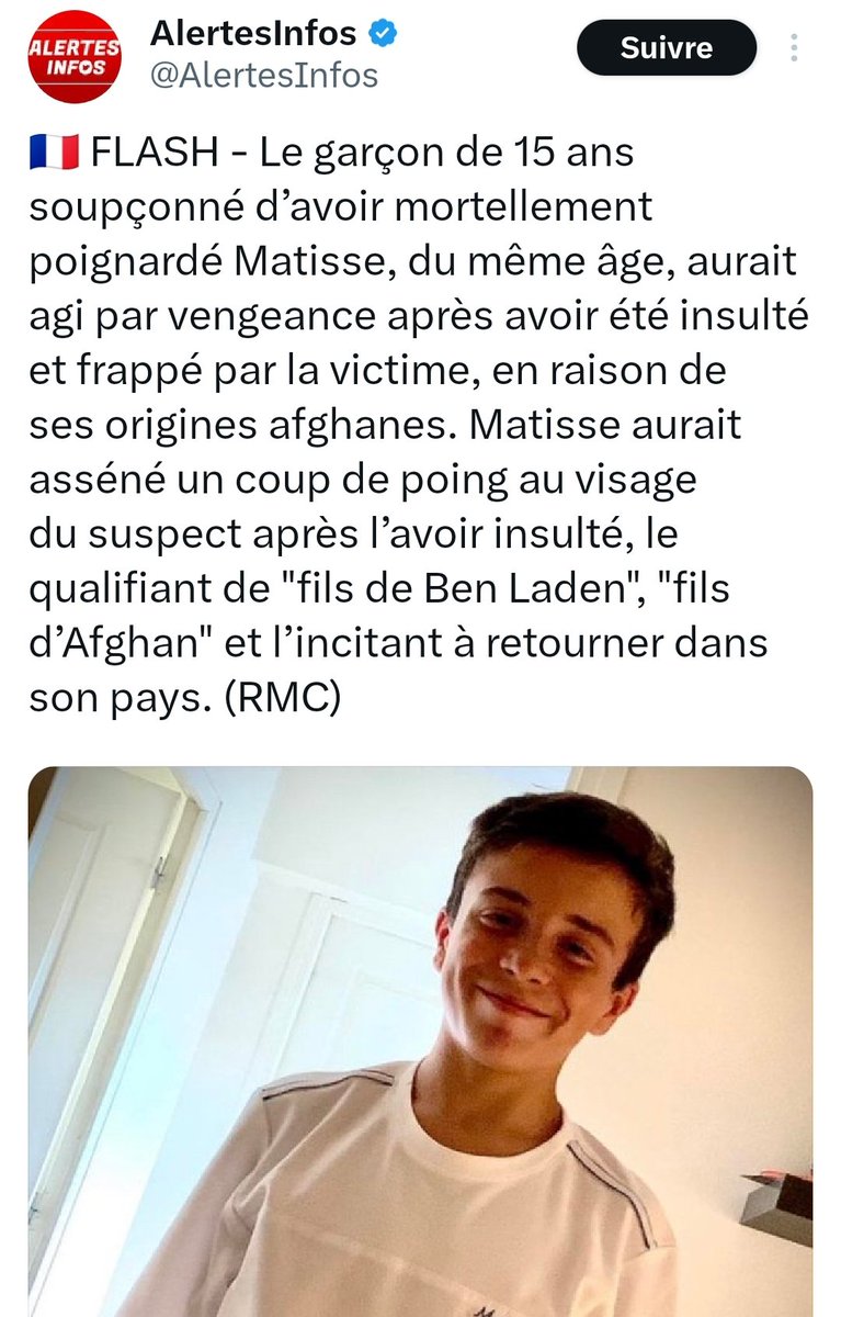 Geronimuslll's tweet image. Ils ont osé. Ils sont en train de victimiser le poignardeur Afghan et de faire passer #Matisse pour un méchant raciste.
Dans 2 minutes ils vont nous annoncer une marche blanche...pour le meurtrier !

C'est un cauchemar.