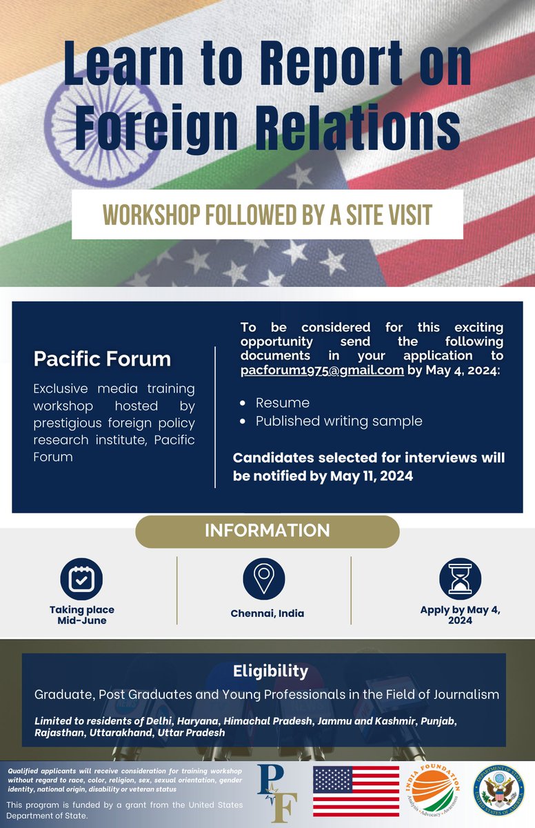 'Learn to Report on Foreign Relations' Pacific Forum @PacificForum, with India Foundation as its in-country partner, is organising a media training workshop in mid-June 2024. The last date to apply is May 04, 2024. @DavidSantoro1 @Rob_York_79 @akhil_oldsoul