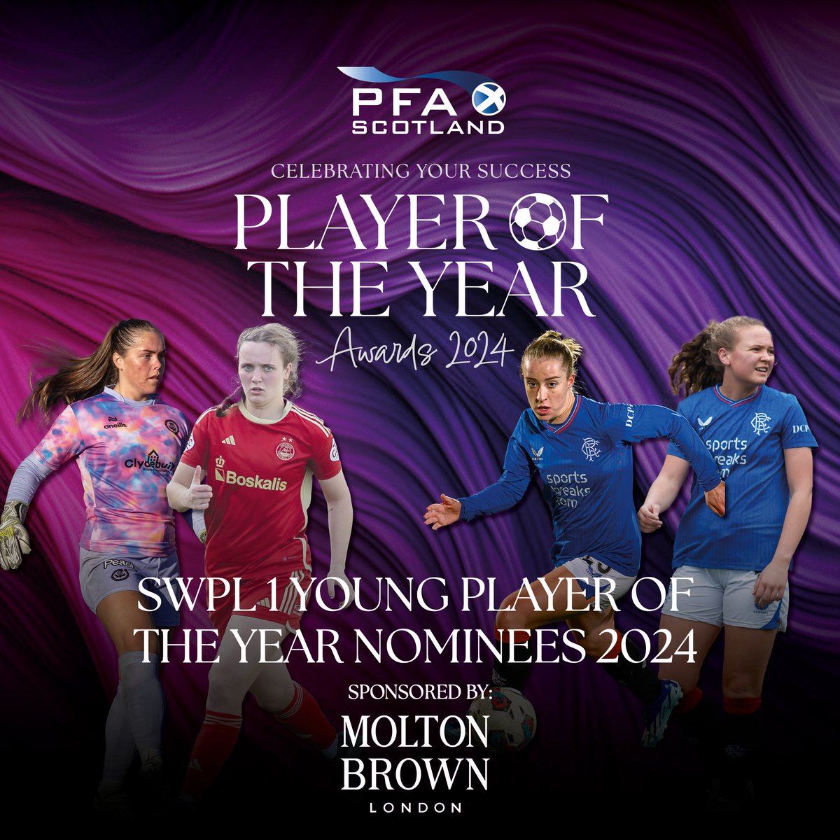 PFA Scotland SWPL1 Young Player of the Year Nominees, sponsored by @MoltonBrownUK 🏆 As voted by the players... Ava Eadson - @ThistleWFC Bayley Hutchison - @AberdeenWomen Kirsty Maclean - @RangersWFC Mia McAulay - @RangersWFC #PFASAwards