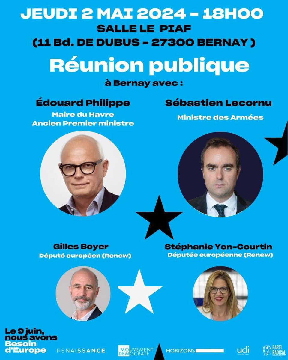 Heureux de vous annoncer notre nouvel événement le 02/05 à Bernay dans l'#Eure : en présence du maire du Havre et ancien 1er Ministre @EPhilippe_LH, du ministre des Armées @SebLecornu et des députés 🇪🇺 @GillesBoyer @s_yoncourtin ! Inscriptions ici 👇 tracking.horizonsleparti.fr/tracking/click…