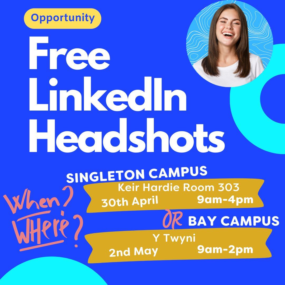 Get free professional LinkedIn headshots on campus this week! 📸 Improve your profile with a polished photo to impress employers, stand out, and enhance networking. Visit Singleton Campus on 30th April or Bay Campus on 2nd May. Dress professionally and see you there! 😊