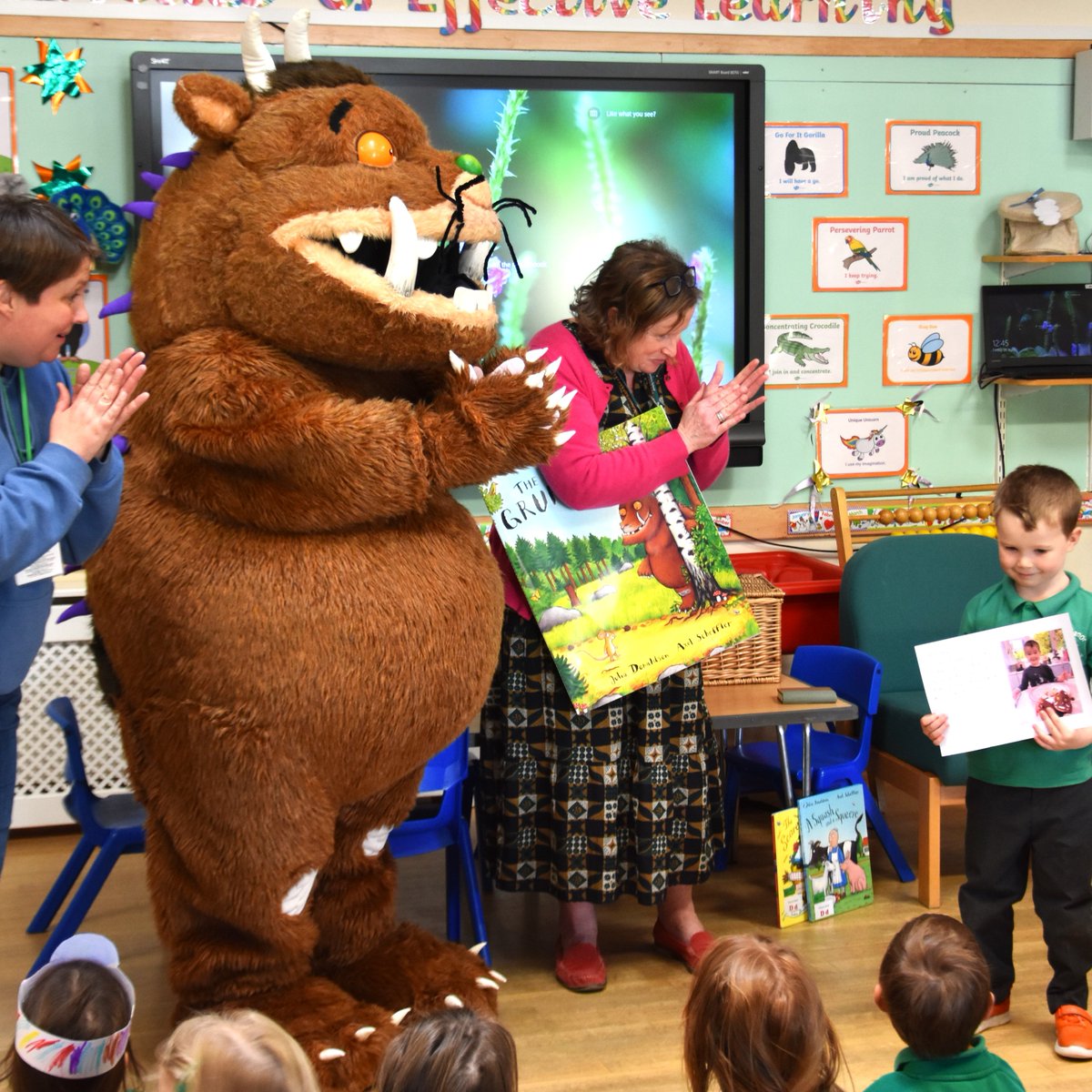 'Oh help! Oh no! IT'S A GRUFFALO!' The Gruffalo left his cave in the deep dark wood and came to visit Nursery and Reception. The children had lots of great questions to ask him and Rowan had even written him a lovely letter. #ManorPrep #thegruffalo #juliadonaldson #reading