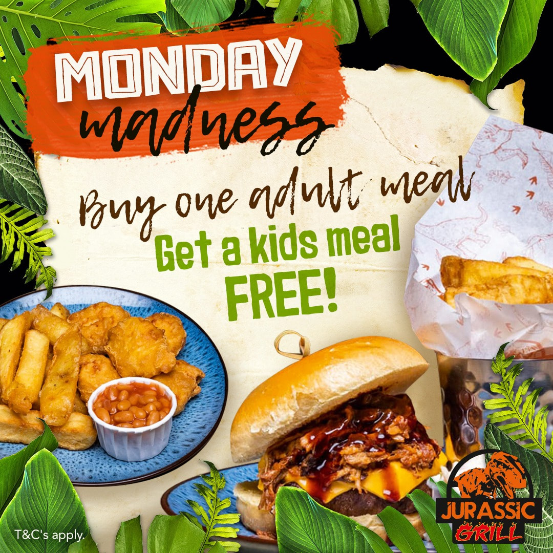 🦕 It's MONDAY MADNESS again at @Jurassicgrilluk Buy one Adult meal - get a kids meal FREE! Don't miss these great term-time offers - keep a lookout for a different one every weekday during term-time! Open daily til 9pm - last bookings for 7.30pm BOOK at jurassicgrill.co.uk