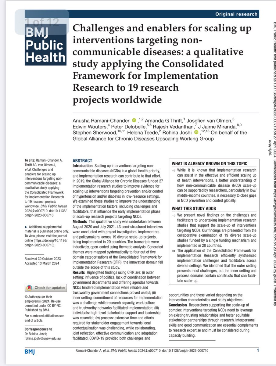 Thank you @gacd_media for this platform to collaborate and learn from each other. Congratulations @AnushRC for leading this paper about the challenges and enablers for scaling up interventions targeting NCDs. bmjpublichealth.bmj.com/content/2/1/e0… @ncdalliance