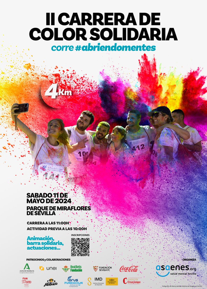 🔵🟢🟠¡Corre #AbriendoMentes vuelve a #Sevilla! 🏃‍♀️🏃‍♂️La carrera de color más divertida tendrá lugar el próximo 11 de mayo. 🌳Parque de Miraflores. 🎉Diversión, música, convivencia y actuaciones. ¡Inscríbete en el siguiente enlace!👇 corredorespopulares.es/inscripcion/co…