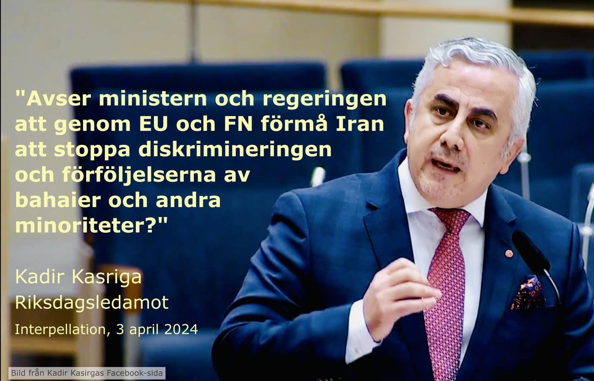 Riksdagsledamot @kasirga_kadir har initierat interpellationsdebatten 'Förföljelse av bahaier i Iran' med utrikesminister @TobiasBillstrom som äger rum idag. Följ debatten direkt via @Sverigesriksdag webb-TV fr.om. kl 11.00: riksdagen.se/sv/webb-tv/vid… #Iran #Bahai