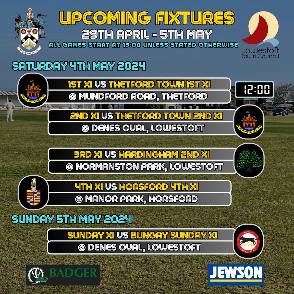 This weekend sees the return of competitive fixtures on Saturday for our Senior teams. The Firsts & Seconds have a double-header against @ThetfordTownCri , the Thirds host @hardinghamcc and the Fourths travel to @HorsfordCC . The Sunday XI host @BungayCC in the Challenge Cup.