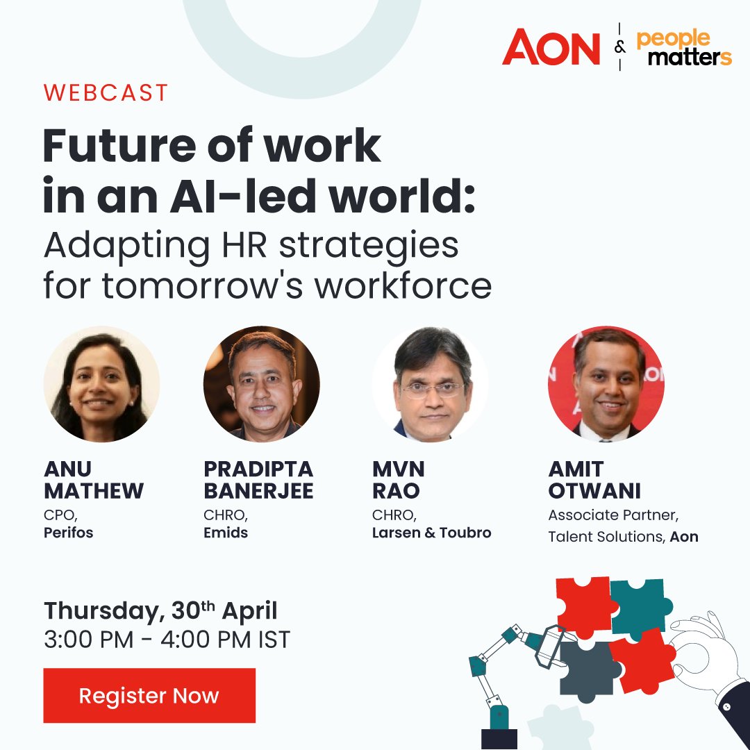 If you are an HR leader who wants to prepare themselves for the future of work, don't miss our upcoming webcast on Future of Work in an AI-Led World. 🗓️ Date: April 30th 2024 ⏱️ Time: 3:00 PM - 4:00 PM. 📍 Where: Online Event Register today! peoplematters.digital/webcast/watch-…