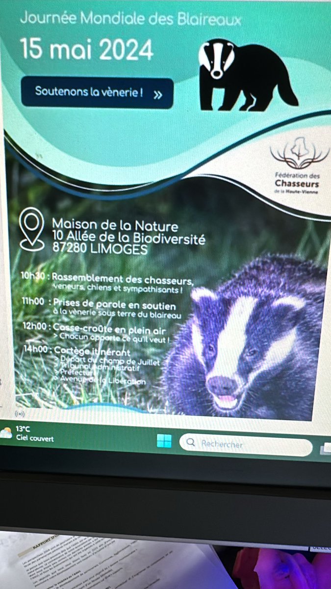 LE 15 MAI. À LIMOGES. 
Maison de la Nature. 10 Allée de la Biodiversité.
RDV des tortionnaires de l'affreuse VÉNERIE-SOUS-TERRE !!..
ET SI ON ALLAIT TOUS LES VOIR ??!!..

@FBB_Officiel 
@FBB_PorteParole 
@AJDroit 
@ChasseAbolition 
@ANTICHASSE 
@FranceAOC 
@LaTirons 
@FAAOfficiel