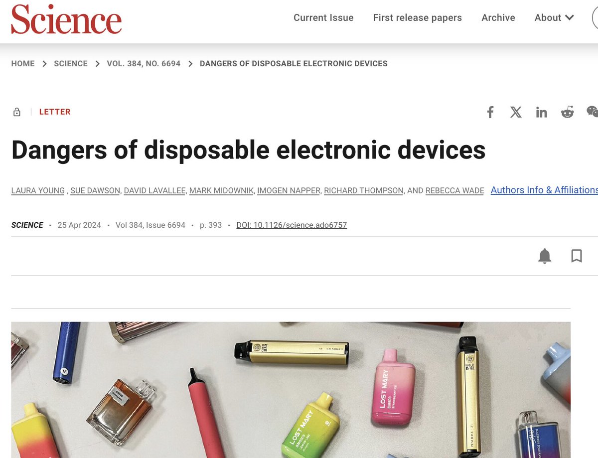 Our letter published in @ScienceMagazine led by @LessWasteLaura highlights the global environmental threat of fast tech- a growing waste stream of throw away electronics such as vapes but also childrens' toys and shoes with flashing lights. Do read and stop buying if you can.