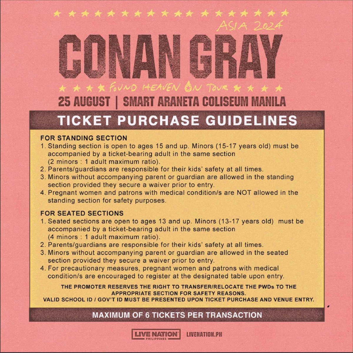 ❗New concert alert❗ Conan Gray is coming back to Manila! Mark your calendars now! Conan Gray: Found Heaven On Tour 📆August 25, 2024 📍Smart Araneta Coliseum Mastercard Presale: May 4, 10AM – May 6, 10AM LNPH Presale: May 6, 12PM – 11:59PM General Onsale: May 7, 12PM More…