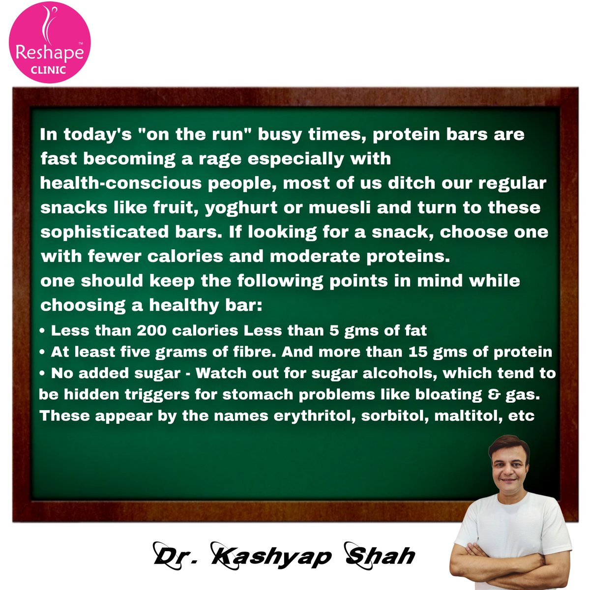 Protein Bars are new normals for many... But while purchasing protein bars, one has to keep in mind few important points!
.
.
.
.
.
.
#protein #proteinbar #ReShapeClinic #drkashyapshah #healthyeating #proteinpacked