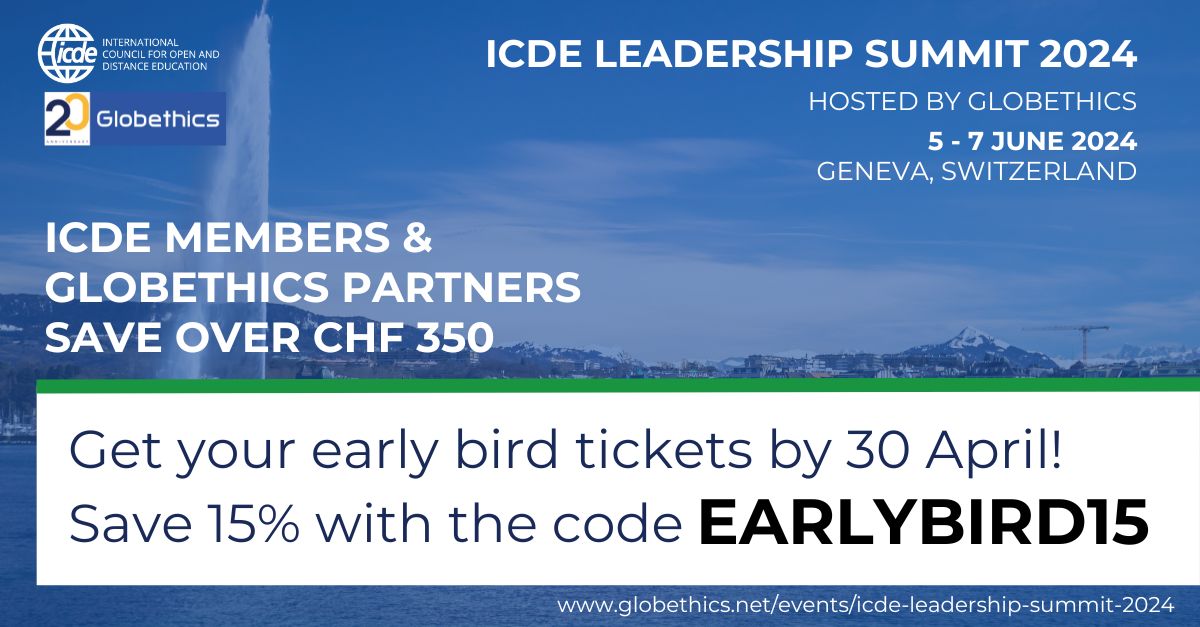 🗓⏳Early bird discount for #ICDELS24 ends tomorrow 30 April 2024 - get 15% off

Join us, @UNESCO's Director of Policies and Lifelong Learning, government officials, @icde_org leadership and members at @CampusBiotech exploring #AI and #highereducation 🔗globethics.net/events/icde-le…