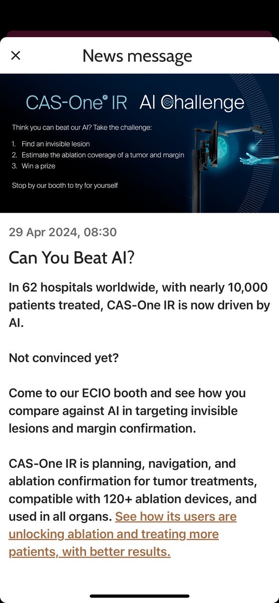 samjeans's tweet photo. Can you beat AI? Come and see us at the CASCINATION booth to try your hand at the Cas One challenge @CAScination @ECIOcongress #ecio2024 #interventionaloncology #qualityablation https://t.co/hceIPiAta4