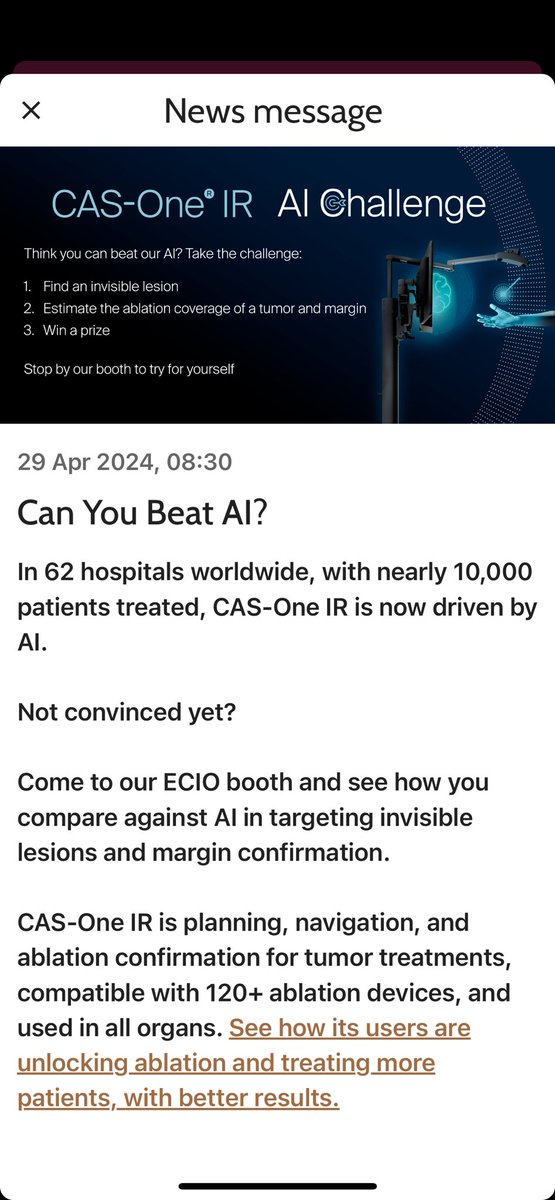 Can you beat AI? Come and see us at the CASCINATION booth to try your hand at the Cas One challenge @CAScination @ECIOcongress #ecio2024 #interventionaloncology #qualityablation