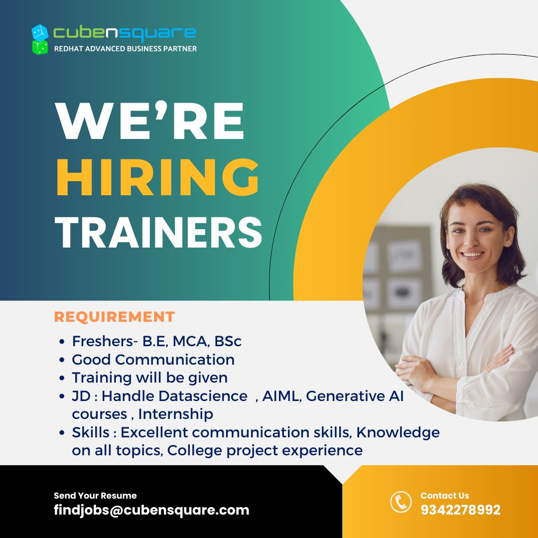 Hiring Trainers for CubenSquare !!

Looking for Freshers - we are ready to train you !!

Send your CV to findjobs@cubensquare.com 

 #cubensquare #training #jobplacement #jobs #programming #internship #coding #onjobtraining #internships