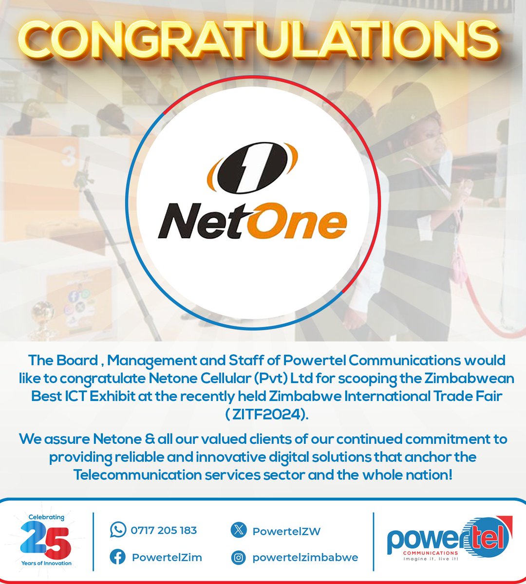 🎉 Congratulations to Netone Cellular (Pvt) Ltd for Winning the Best ICT Exhibit at ZITF2024! 🌐 We applaud Netone Cellular (Pvt) Ltd for their remarkable achievement in being awarded the prestigious title of Best ICT Exhibit at the Zimbabwe International Trade Fair (ZITF2024).